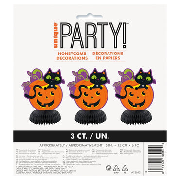 Cat & Pumpkin Mini Honeycomb Decorations 6" 3pc - PoundToys