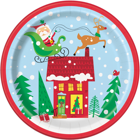 Colorful Christmas Santa Round 9" Dinner Plates 8pk