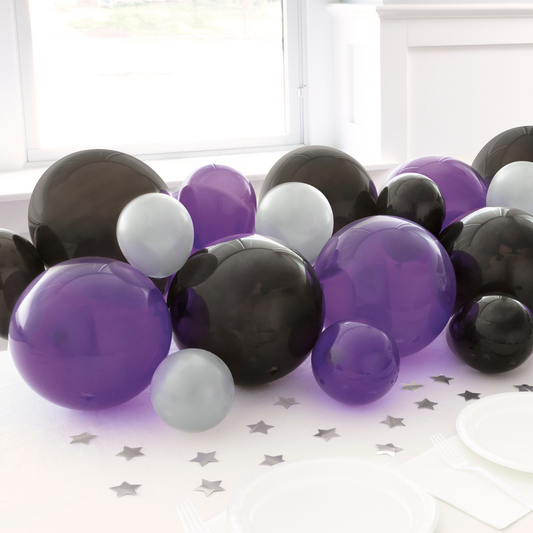 Halloween Black, Purple & Silver Pearlized Balloon Garland Table Runner with Foil Confetti Cutouts - PoundToys