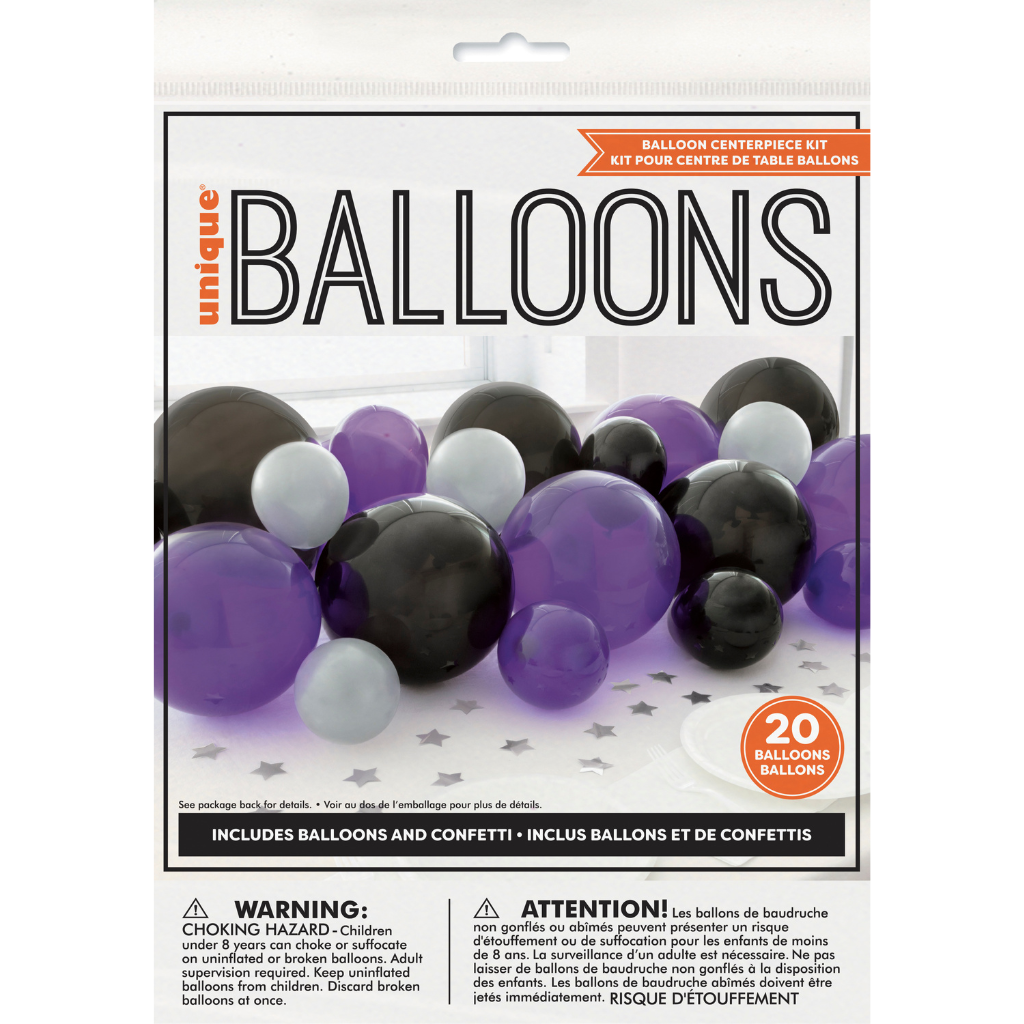 Halloween Black, Purple & Silver Pearlized Balloon Garland Table Runner with Foil Confetti Cutouts - PoundToys