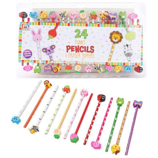 24 Funky Pencils Fun Eraser Toppers - PoundToys