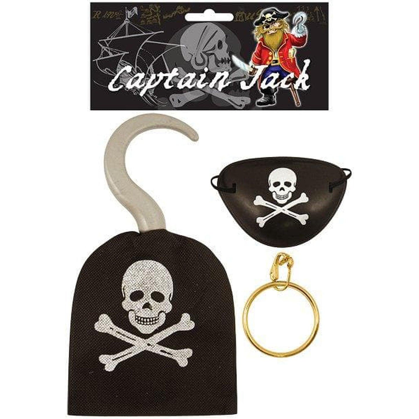 Children's 3pc Pirate Fancy Dress Accessories Pack - Hook, Earring & Eyepatch - PoundToys