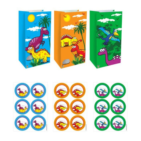 Dinosaur Paper Party Bags with Stickers (12 pack) - Kids Party Craft