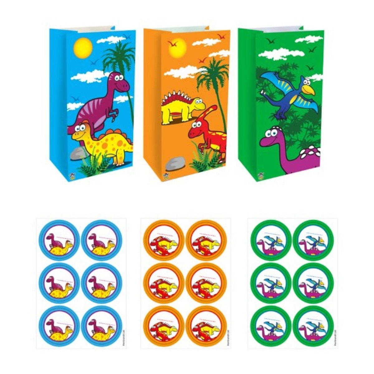 Dinosaur Paper Party Bags with Stickers (12 pack) - PoundToys