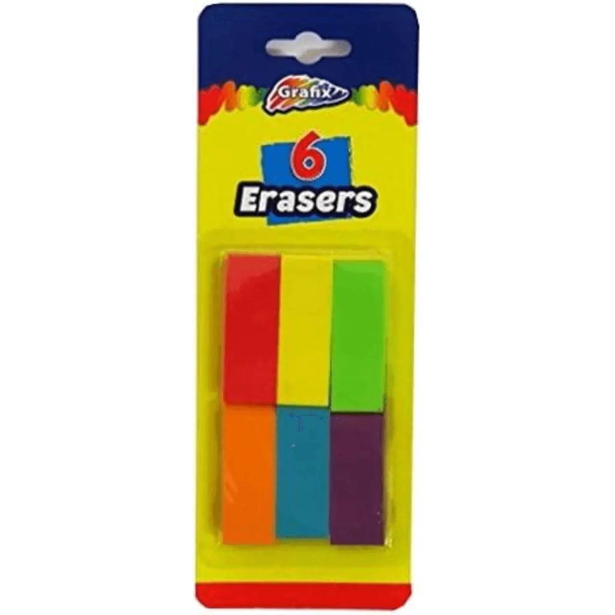 Grafix Rubber Erasers, 6 Pack, Mixed Colours - PoundToys