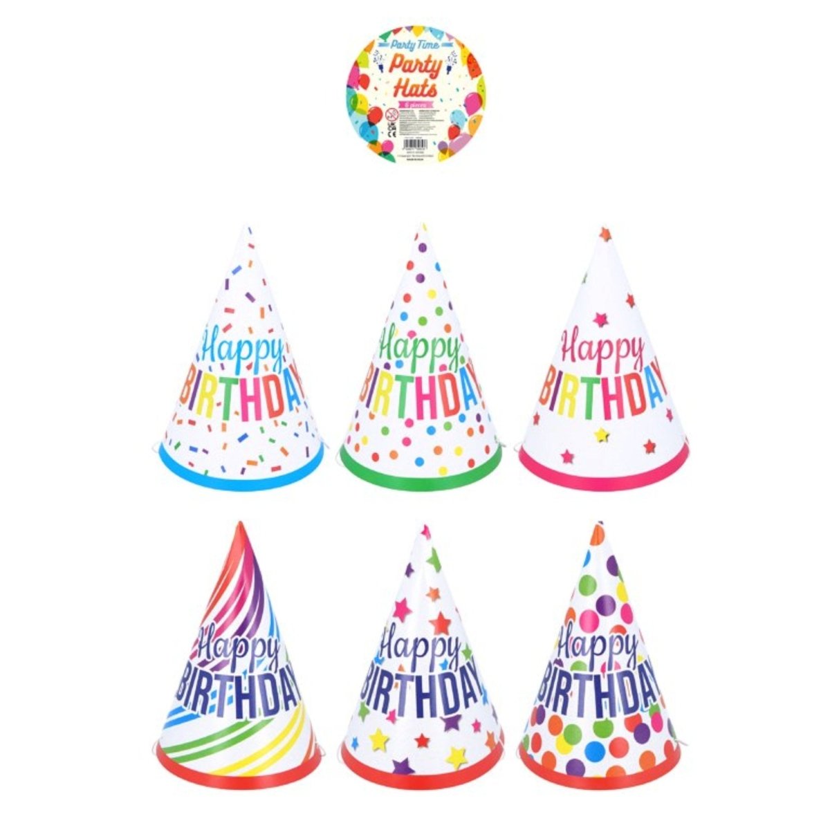 Happy Birthday Party Cone Hat 6pcs (16.5cm) - PoundToys