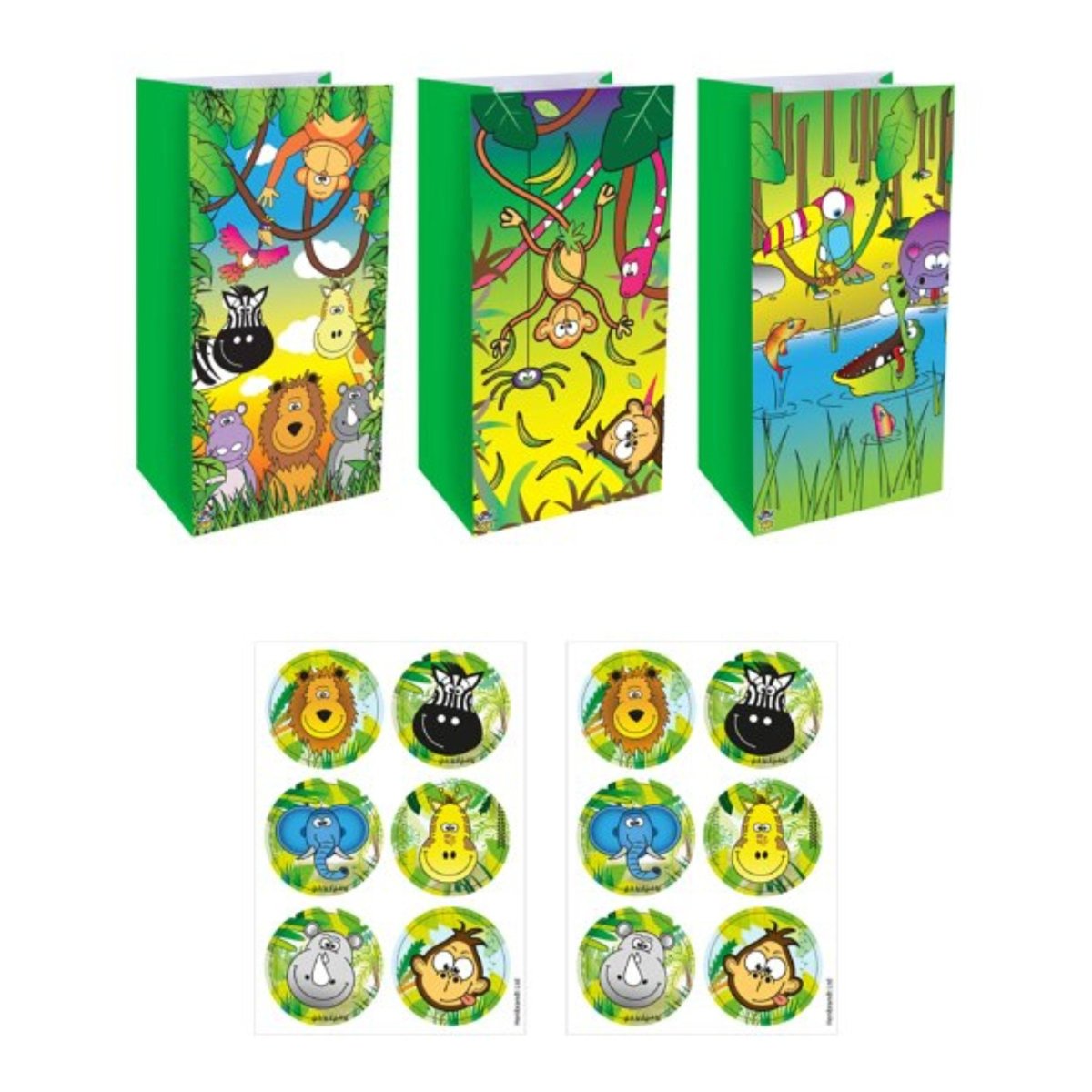 Jungle Animal Paper Party Bags with Stickers (12 pack) - PoundToys