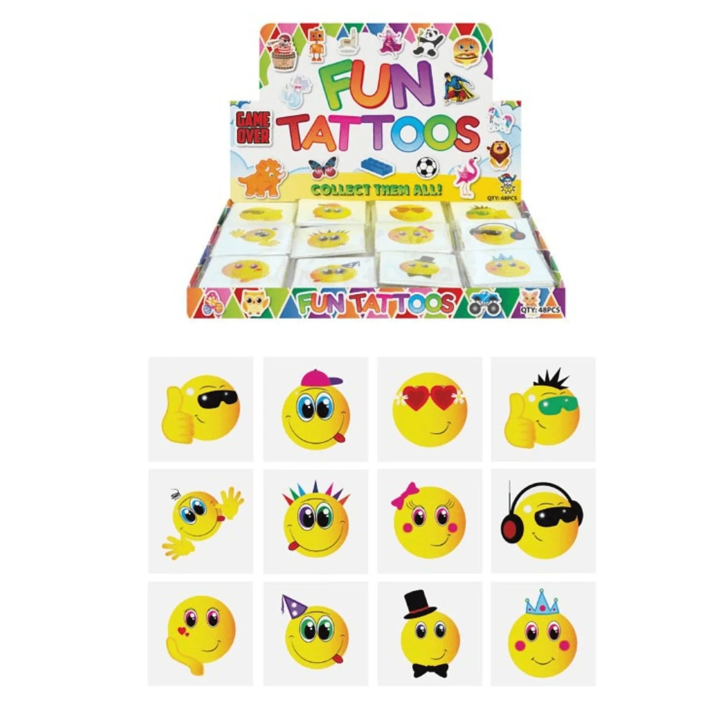 Smiley Emoji Face Temporary Tattoos 12 Piece Packs - PoundToys