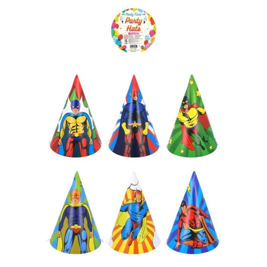 Superhero Party Cone Hat 6pcs (16.5cm) - PoundToys