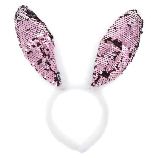 White Easter Bunny Ears Headband with Pink Sequins - PoundToys