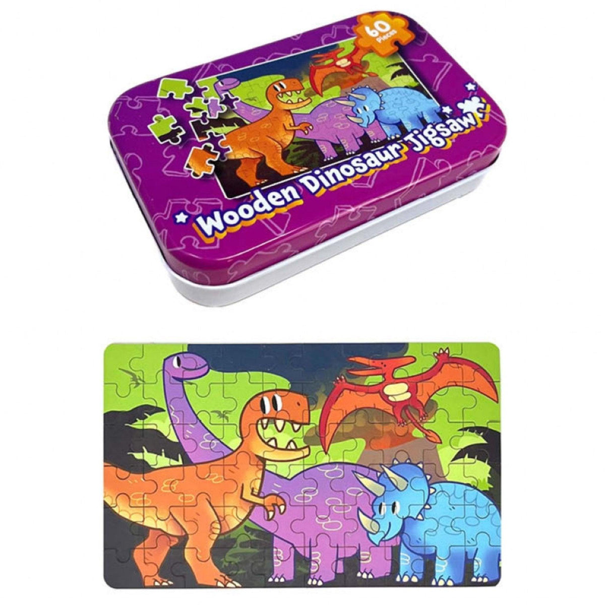 Wooden Dinosaur Jigsaw in Tin 60 Piece - PoundToys