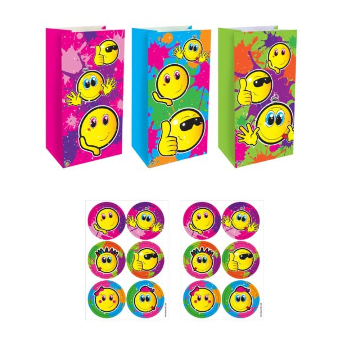 Yellow Smile Paper Party Bags with Stickers (12 pack) - PoundToys