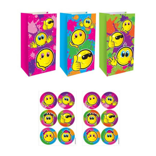 Yellow Smile Paper Party Bags with Stickers (12 pack) - PoundToys